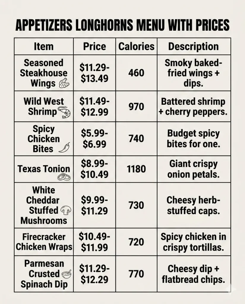 Appetizers Longhorns menu with prices