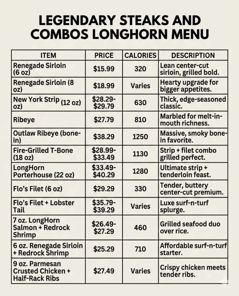 Legendary Steaks and Combos Longhorns menus
