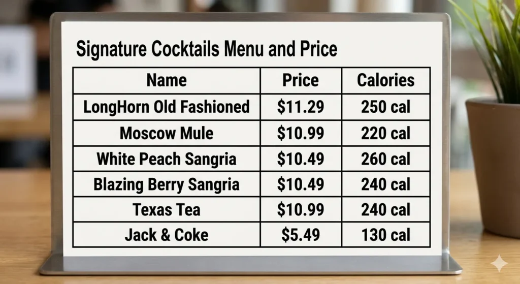 Signature Cocktails Menu and Price